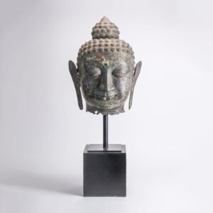 Estatua De Cabeza De Buddha En Bronce Con Base De Madera